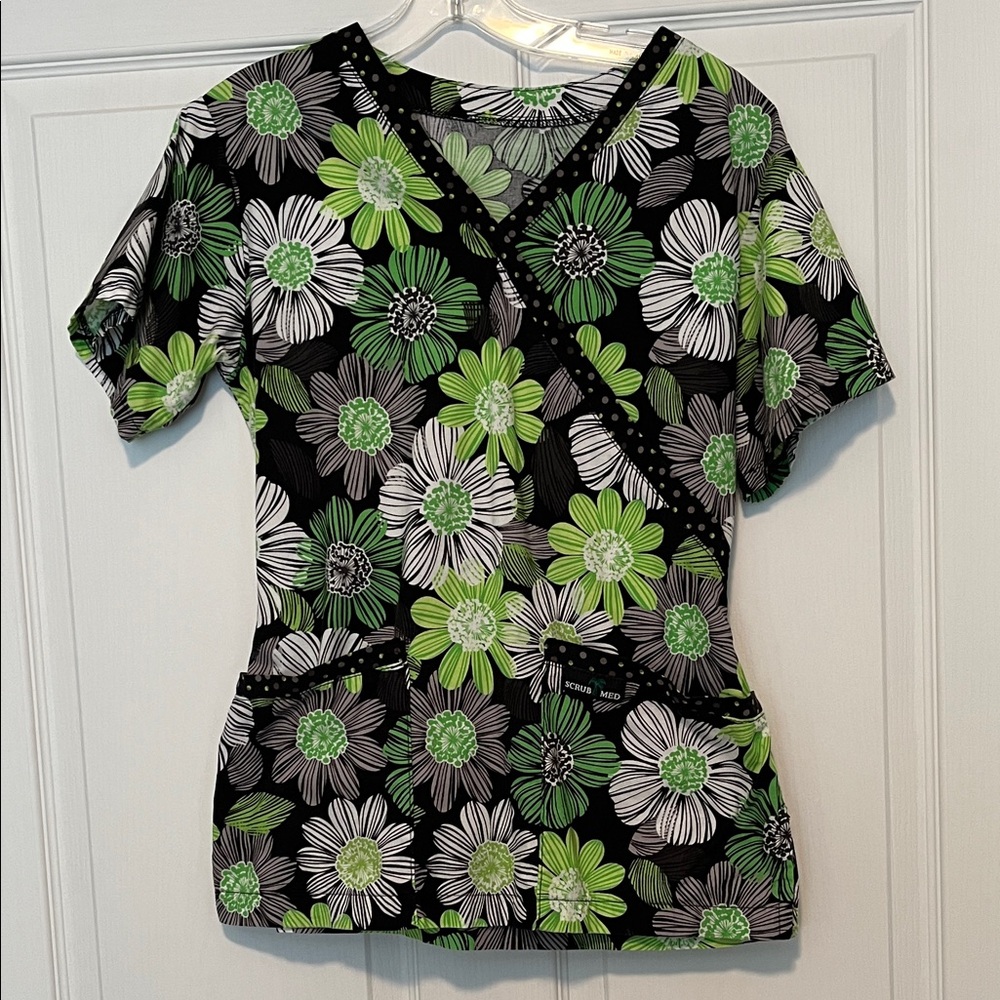 Green and Black Patterned Scrub Top